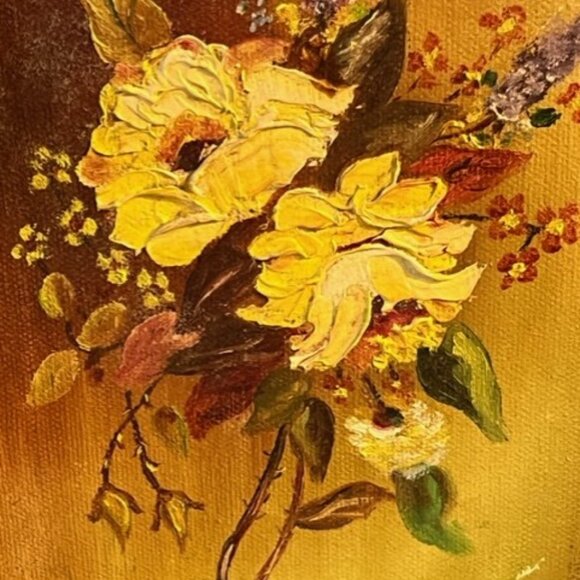 Vintage oil painting yellow rose signed artist Mada kitschy painting MCM*READ - Picture 2 of 4